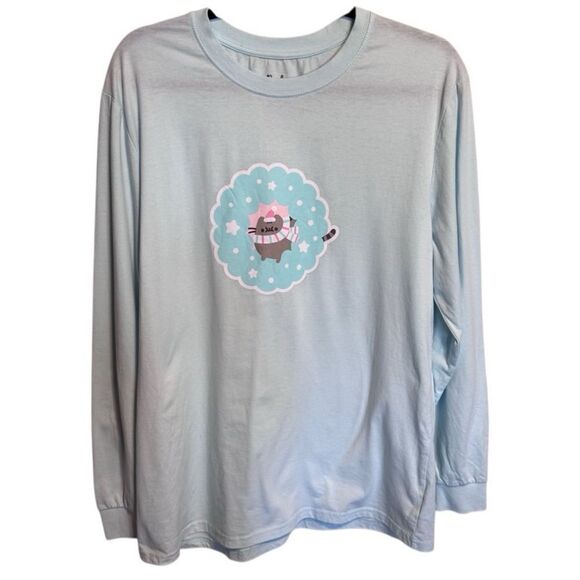 Pusheen- Light Blue Screen Print Cat Lover Long Sleeve T Shirt, Size Large - Picture 1 of 8